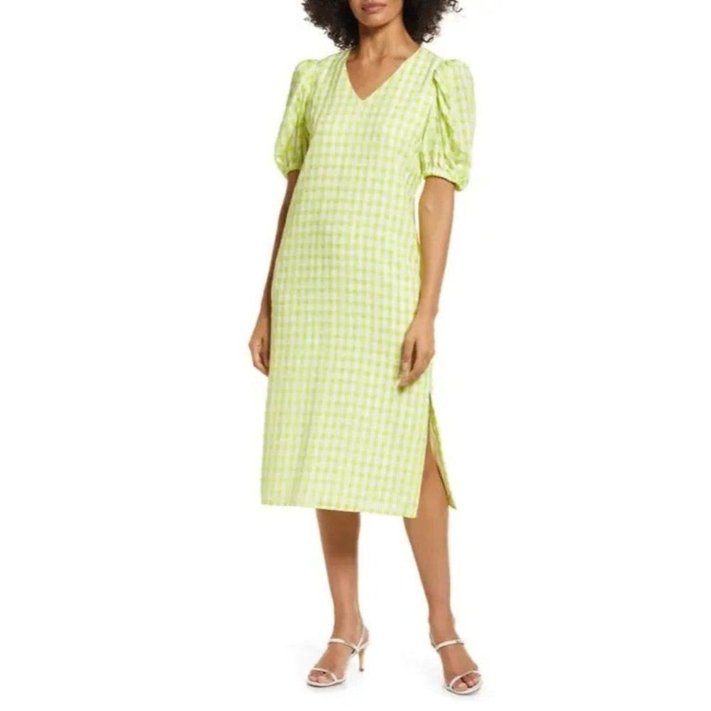 Halogen Puff Sleeve Midi Dress, Lime Green/ White, M - Picture 2 of 11